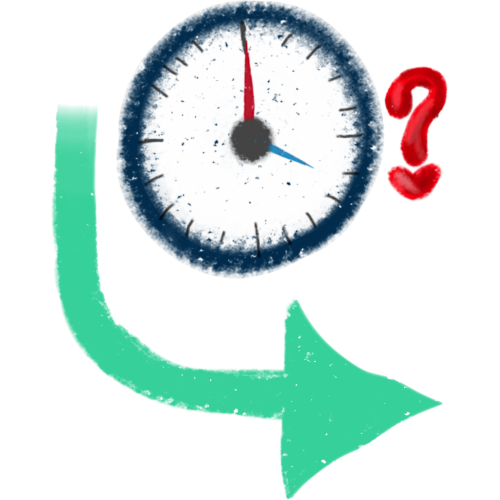 : a clock with a question mark next to it and a curved arrow pointing to the right underneath